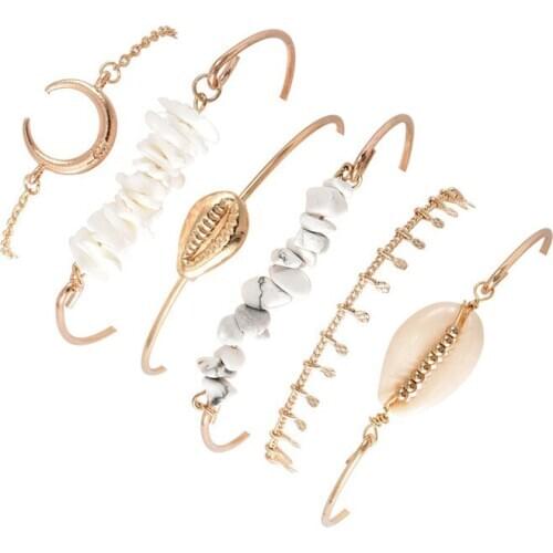 6 Pcs/set National Wind Classic Shell Moon Natural Stone Tassel Pendant Gold Bracelet Set Personality Charm Party Jewelry Gifts