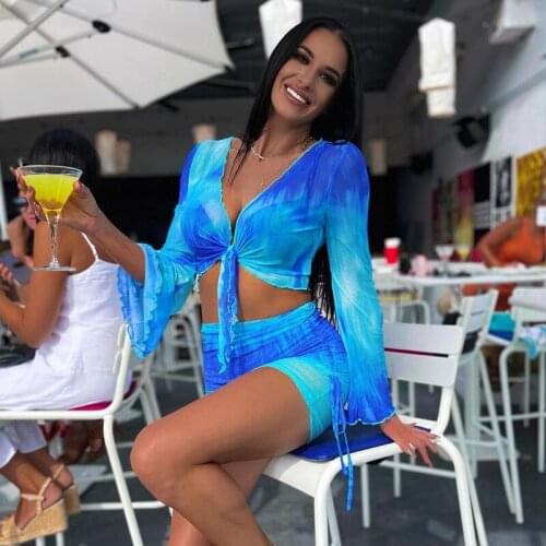 2021 Women Skirt Outfit Tie Dye Print Deep V Neck Bandage Flare Sleeve Crop Tops Mini Skirt High Street Bodycon Two Piece Set