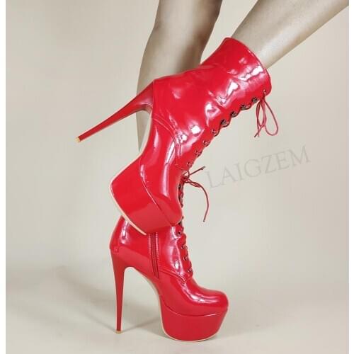 LAIGZEM Women Ankle Platform Boots Shiny Side Zip Stiletto High Heeled Boots Ladies Party Club Shoes Woman Big Size 33 45 47 48