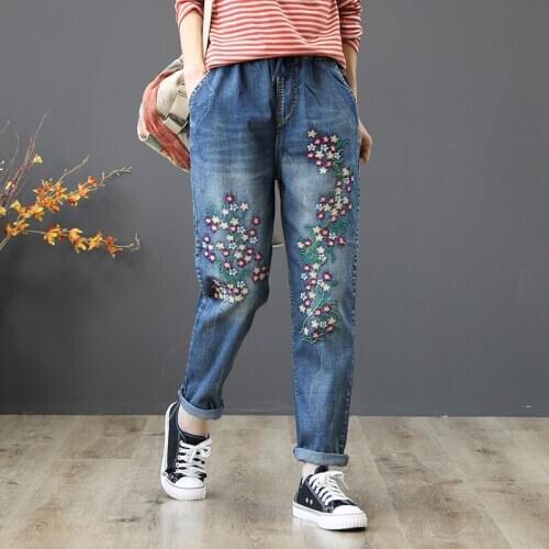 Plus Size M-3XL Womens Ankle Jeans Casual Floral Embroidery Denim Pants