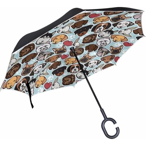 Dog Family Car Reverse Umbrella Double Layer Women Rain Umbrella C-Handle Inverted Windproof Compact Self-Standing Dog Parapluie