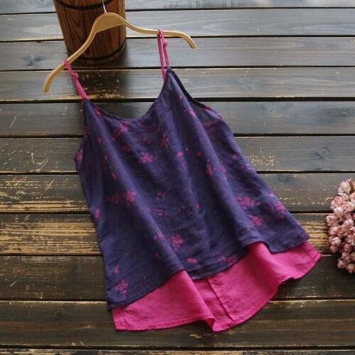 6257 New Summer Women Camisole Mori Girl Literary vintage Floral Print Loose Linen Short Vest Women