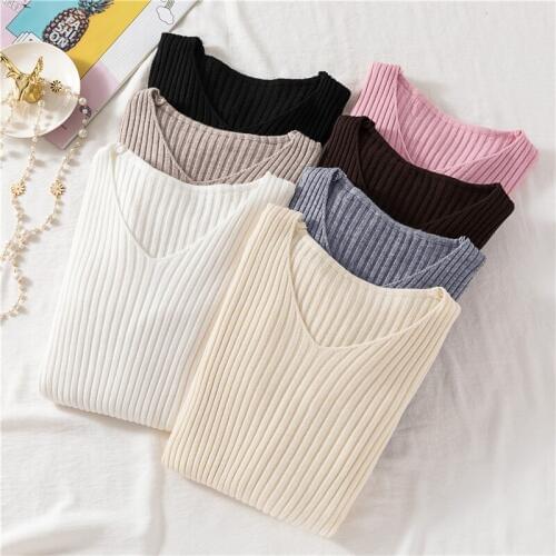 2019 autumn winter Women V-Neck Knitted Sweater Casual Solid long sleeve Female Pullovers Fashion Slim Femme Elasticity Pullover