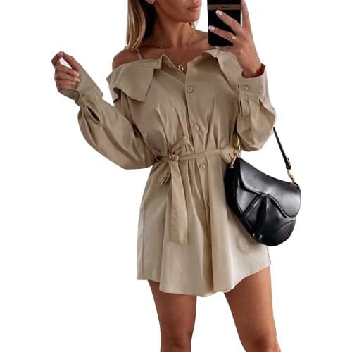 Summer Casual Solid Color Shirt Dress Women Elegant Single Breasted Belt Long Sleeve Dress Female Office Mini Dresses 2021 D30
