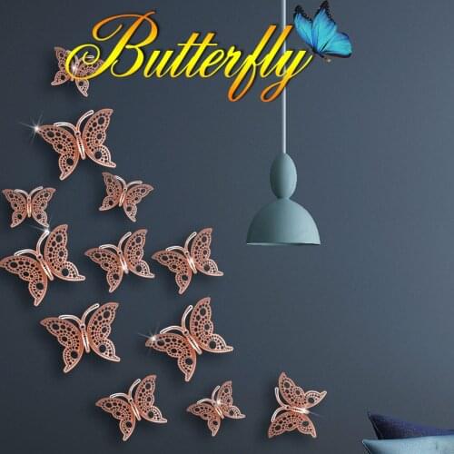 12Pcs 3D Hollow Butterflies Mirror Wall Stickers For Kids Rooms Bedroom Living Room Fridge Decorative Wallpaper Home Wall Decor