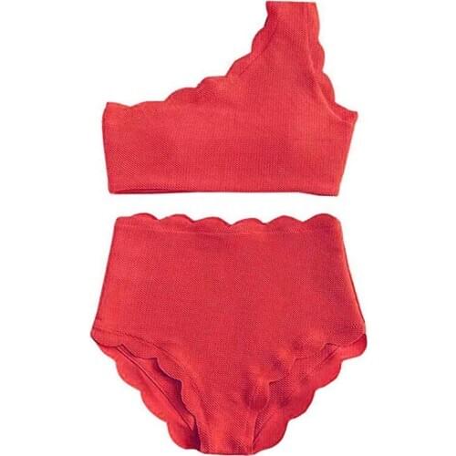 2021 New Bikini 2Pcs Fashion Women One Shoulder High Waist Scalloped Bikini Set Summer Swimwear Pure Color