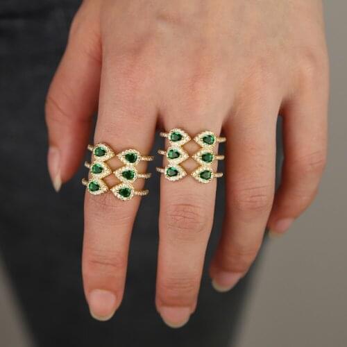 2021 Gold Filled 3-layer Wide Ring for Women Paved Drop-shape Green Mini Clear Cz Wedding Engagement Jewelry Party Gifts