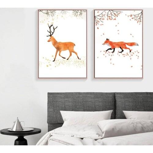 Custom Abstract Cartoon Elk and Fox Canvas Wall Picture for Living Room Hd Waterproof Ink Printing Canvas Decorative Poster