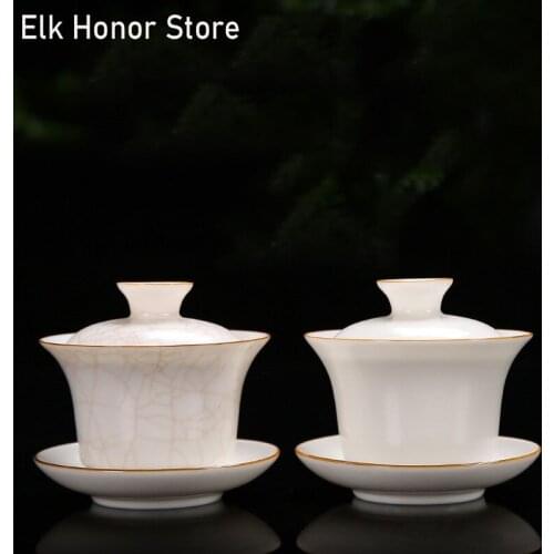 165ml White Jade Porcelain Tea Tureen Ru Kiln Gold-banded Lid GaiWan Tea Cover Bowl Sopera Cup Saucer Teaset Drinkware Gifts