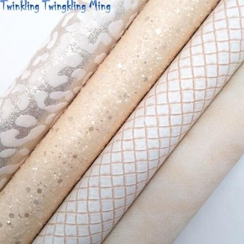 Beige Crystal Glitter leather, Leopard Printed Faux Leather Fabrich Sheets For Bow 21x29CM Twinkling Ming KM355