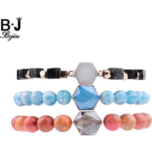 BOJIU Natural Semi-precious Stone Charm Bracelet Women Orange Howlite Black & Sky Blue Agates White Druzy Bracelet Jewelry BC263