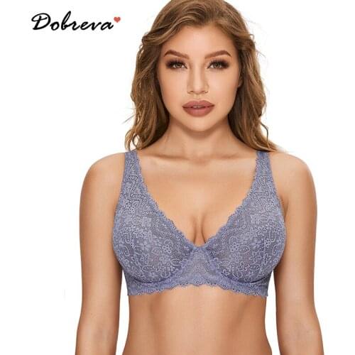 DOBREVA Womens Sexy Lace Bralette Plunge Unlined Underwire Bra Plus Size A-F Cup