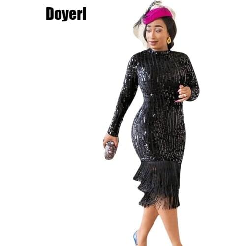 Black Sequin Bodycon Dress Women Autumn Winter Sexy Elegant Evening Party Dress Long Sleeve Glitter Tassel Sequin Festival Dress