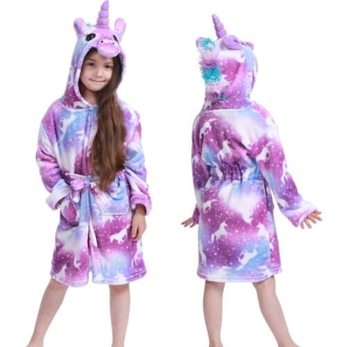 New Winter Big Boys Girls Bath Robe Children Unicorn Hooded Flannel Pajamas Lengthen Bathrobes for Teenage Boy Cartoon Pajamas
