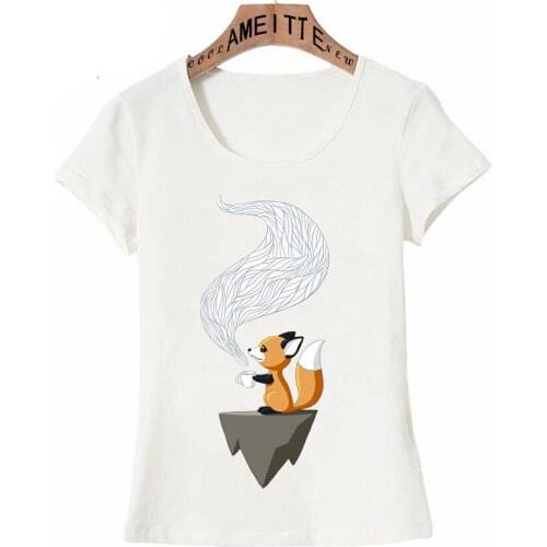 Cute Fox and Tea Scent Design Print T-Shirt Fashion Women Short Sleeve Casual Girl Tops Hipster Mujer White Tee shirt