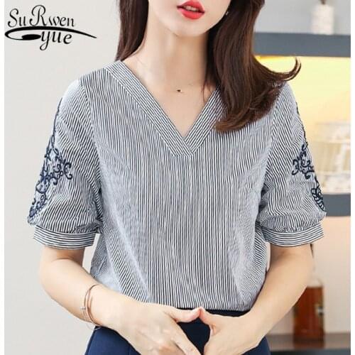 Short Sleeve Summer Tops Fashion Womens Tops And Blouses 2021 Striped V Collar Women Tops Embroidery Women Blouse Shirt 0513 60