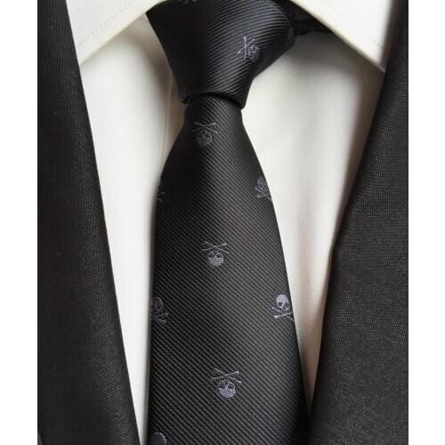 Mens Ties Black with Silver Skull Pattern Fashion Necktie