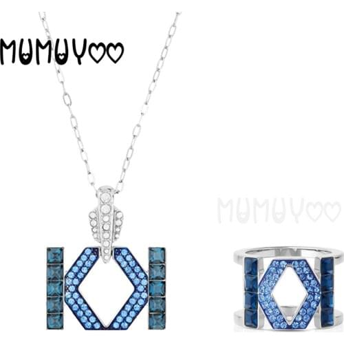 2021 NEW SWA Fashion Jewelry Charm Geometric Pattern Design Pendant Necklace Blue Crystal Unisex Style Clavicle Chain Necklace