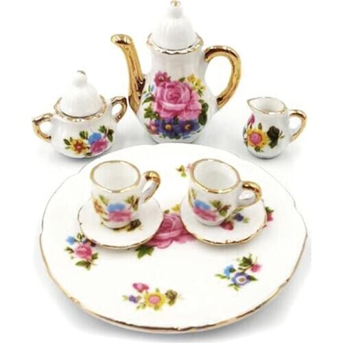 New 8 pcs/lot Cute Miniature Dollhouse Dinnerware Porcelain Tea Set Tableware Cup Plate Colorful Floral Print