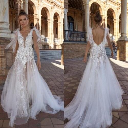 New Illusion A Line Wedding Dresses Sexy V Neck Short Sleeve Lace Appliques Bridal Gowns Backless Boho robes de mariée