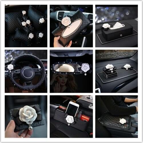 White Camellia flowers series gear shift collar head pillow handbrake cover steering wheel cover for women car accessories