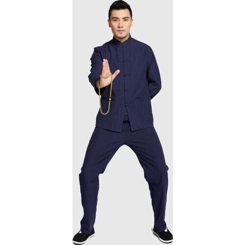 Jacket&Trousers Plus Size Chinese Mens Solid Kung Fu Suit 100% Cotton Loose Wu Shu Tai Chi Sets new navy blue