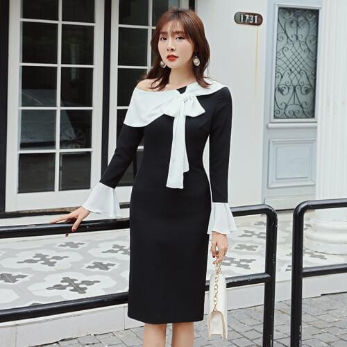 YIGELILA Autumn New Arrivals Patchwork Dress Slash Neck Full Sleeves With Bow Dress Flare Sleeves Knee Length Dress 65345