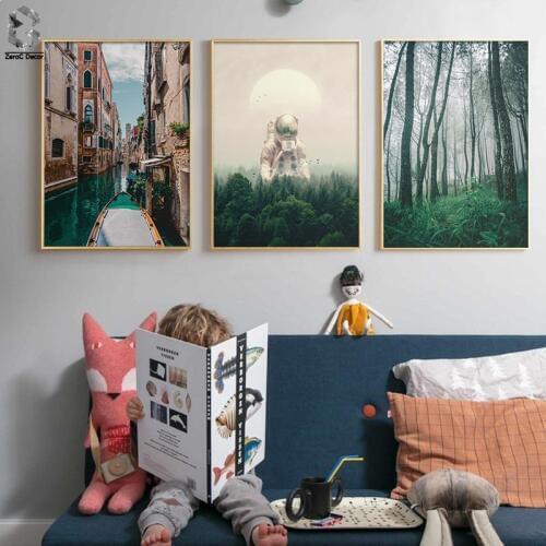 Strange Astronaut Wall Art Canvas Painting Nordic Posters And Prints Landscape Venice Forest Wall Pictures For Living Room Decor