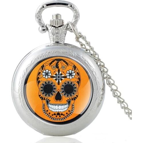 Unique Flower Skull Silver Vintage Quartz Pocket Watch Men Women Glass Dome Pendant Necklace Hours Clock Gifts