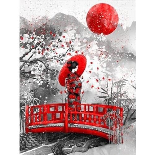 Japanese Red Umbrella Woman Diamond Painting Round Full Drill Portrait Nouveaute DIY Mosaic Embroidery 5D Cross Stitch Gifts