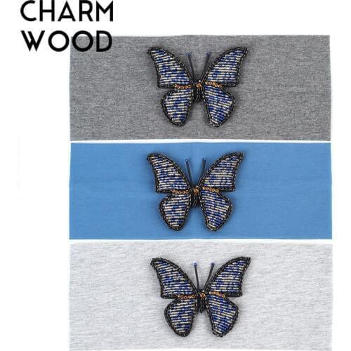 10cm Womens Headband Fashion Spring Royal Butterfly Rhinestones Headbands for Femme Cotton Plain Head Band with applique