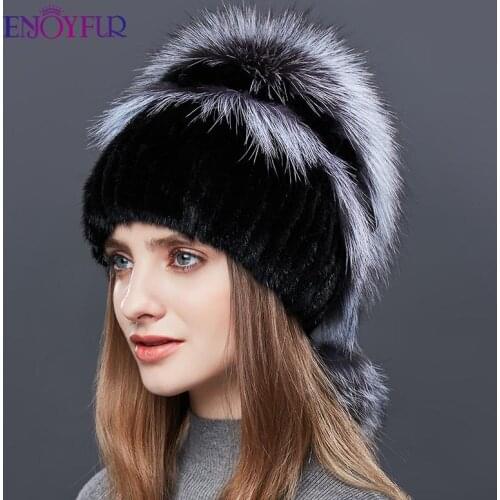 ENJOYFUR Double Warm Real Natural Mink Fur Hat Female Mix Color Sliver Fox Fur Women Winter Hats Double Pompom Luxury Beanies