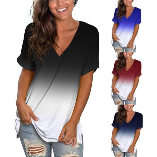 Womens Fashion Printing T-shirt Casual Gradient V-neck Short Sleeve Loose T-shirt Tops Loose Comfy Daily T-shirts Dropshipping