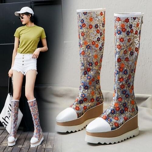 Womens Embroidery Floral Genuine Leather Knee Thigh Boots Wedge High Heel Platform Mesh Warm Winter Fleece Liner Shoes Plus Sz