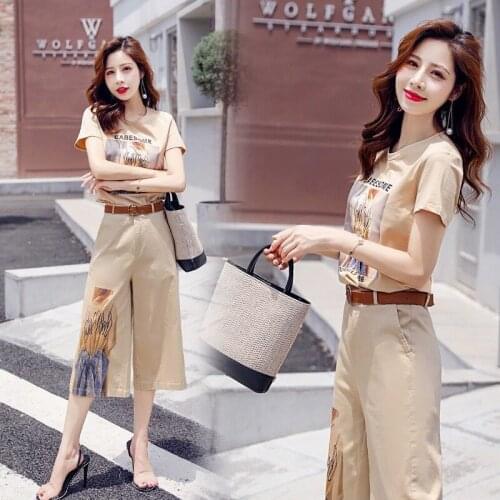 Two-piece Womens Fashion Korean Casual Suit Summer Temperament Cropped Wide-leg Pants T-shirt Two-piece Suit
