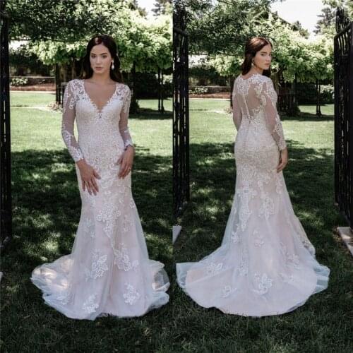 V-Neck Long Sleeves Lace Appliques Slim Natural Waistline Long Bridal Gowns Custom Made Spring Formal Robe De Mariee Garden