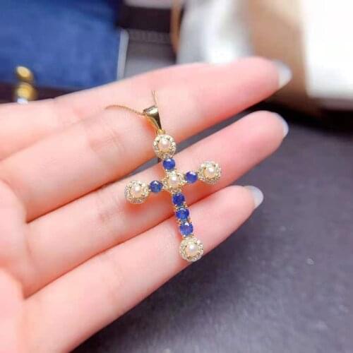 Natural Sapphire S925 Sterling Silver Cross Pendant Necklace Fine Fashion Weddings Jewelry For Women MeiBaPJFS