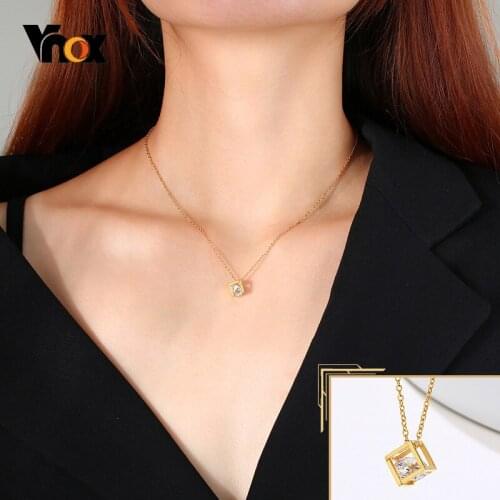 Vnox Exquisite Hollow Cube Pendant Necklaces for Women Gold Color Stainless Steel Metal Retro Coin Choker Collar Jewelry
