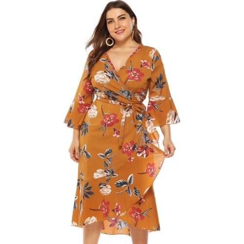 Plus Size Womens Flower Print Stitching Lotus Leaf Irregular Cross Strap Deep V Dress 2020 Summer New Dress
