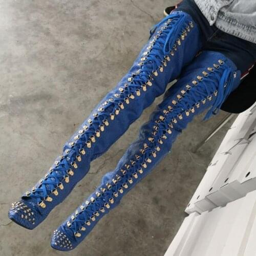 Winter Long Boots Lace-up Rivet Thin Heels High-heeled Womens Shoes Thigh High Boots Blue Leather Sexy Over-the-knee Botas Muje