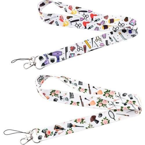 12pcs/lot E3362 Cartoon Hair salon supplies Lanyard Keychain Badge Mobile Phone Rope Lanyard With Card Holder Cover For Stylist