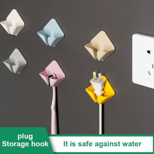 2pcs Plug Hook Punch-free Strong Power Plug Home Kitchen Bathroom Accessories Paste Wire Socket Storage Rack Key Holder