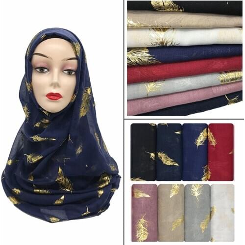 2020 Fashion women print feather muslim hijabs Solid color voile head scarf turban femme musulman hijab foulard shawl and wrap