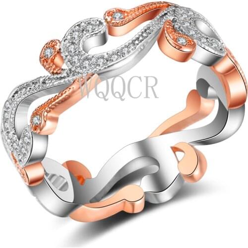 925 Silver Rose Gold Engagement Ring For Female Jewelry Unique Two-color Carved Beautifully White Zircon Rhinestone Wedding Ring