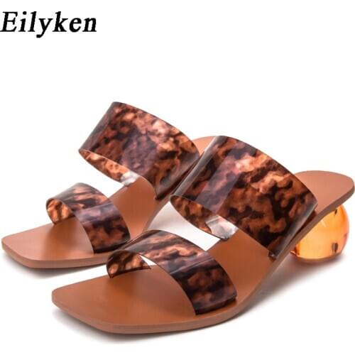 Eilyken Fashion Women Slippers Summer Beach Slipper Leopard grain Transparent Jelly PVC Square Toe Crystal Heel Slides Sandals
