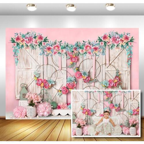 Sweet Newborn Portrait Background Girl Birthday Photography Backdrop Props Artistic Photocall Pink Floral Wood Photo Shoot