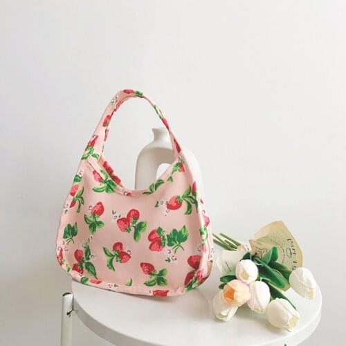 Strawberry Pattern Canvas Ladies Underarm Shoulder Bags Vintage Women Hobos Baguette Bag Summer Female Small Cute Clutch Purse