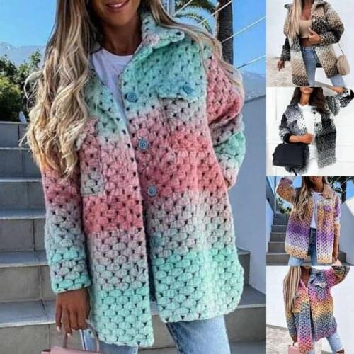 Comfy Stylish Colorful Print Pockets Coat Autumn Winter Cardigan Jacket Lapel for Office