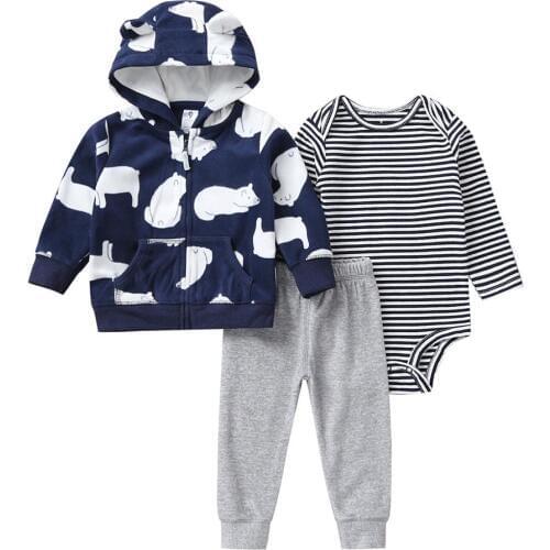 Cartered toddler Baby Boy Bodysuit Set 3pcs Hooded Long Sleeve Outwear+Long Sleeve Bodysuit+Pants Cotton Baby Clothes Set