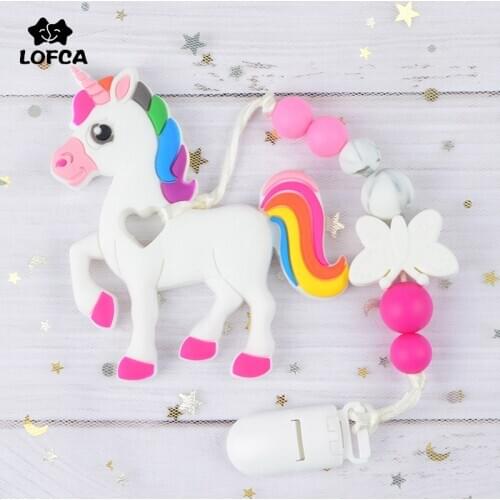 LOFCA Silicone Baby Teether UNicorn BPA Free Food Grade Silicone Beads Pacifier Chain Pendant Newborn Nursing Teething Necklace